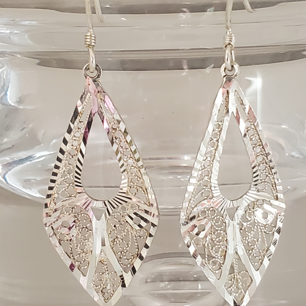 925 Turkey Sterling Filigree Kite Drops w/Diamond-Cut Accents - Picture 3 of 7